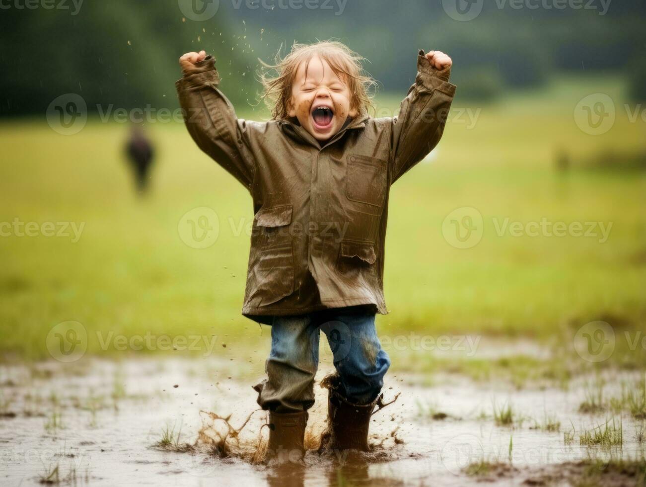 Carefree child joyfully dances in the refreshing rain AI Generative photo