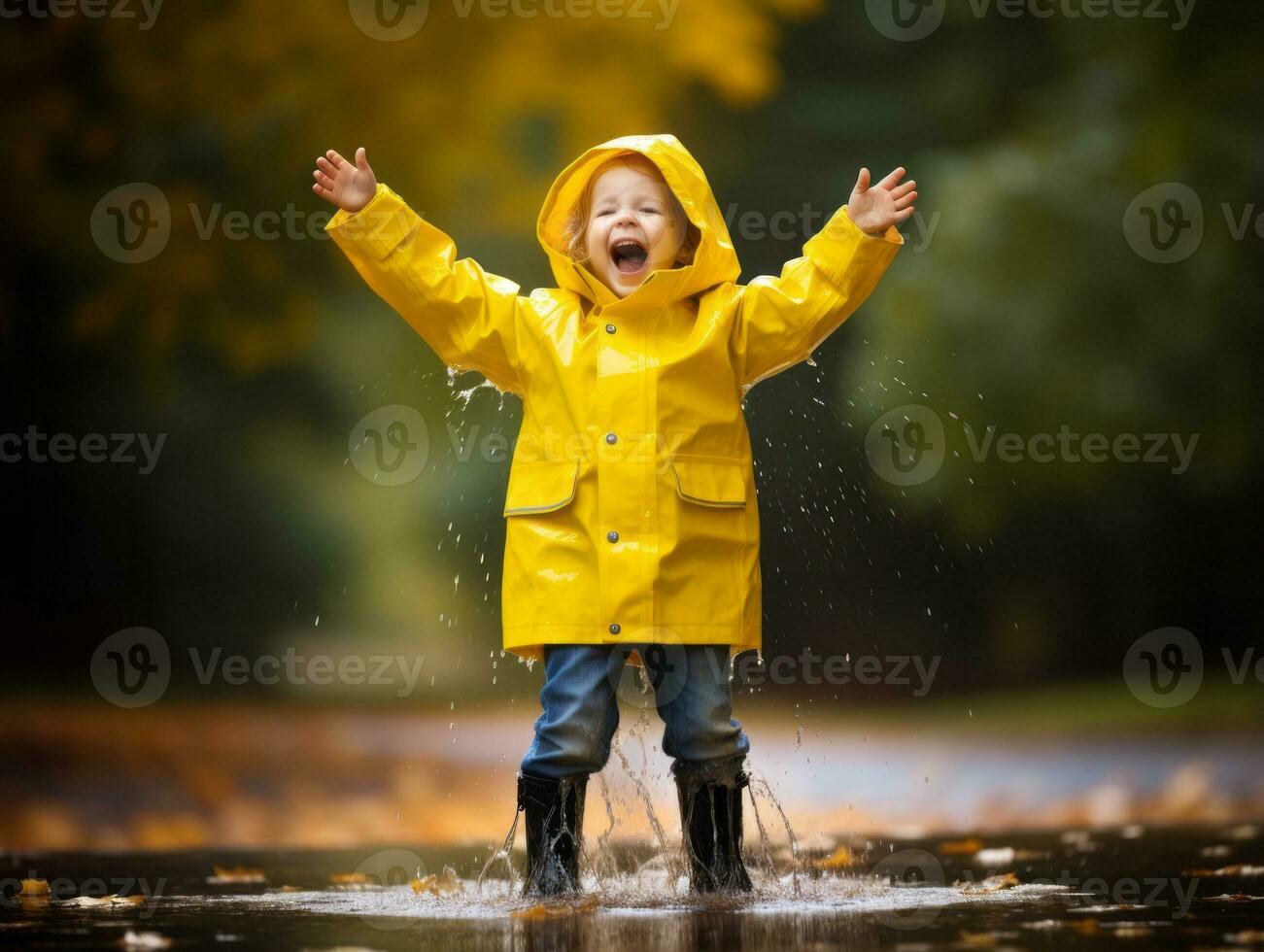 Carefree child joyfully dances in the refreshing rain AI Generative photo