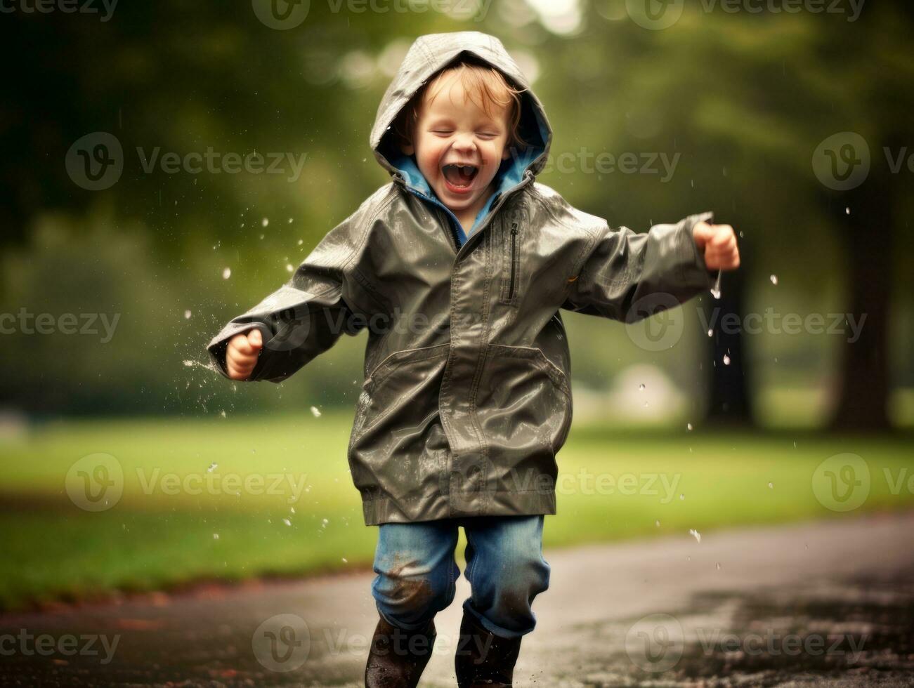 Carefree child joyfully dances in the refreshing rain AI Generative photo
