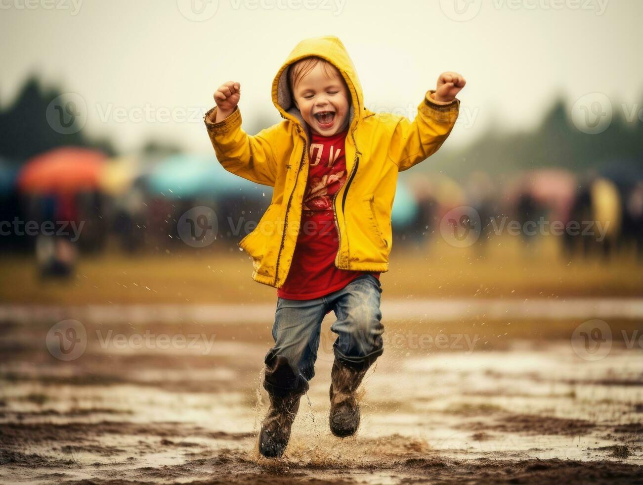 Carefree child joyfully dances in the refreshing rain AI Generative photo