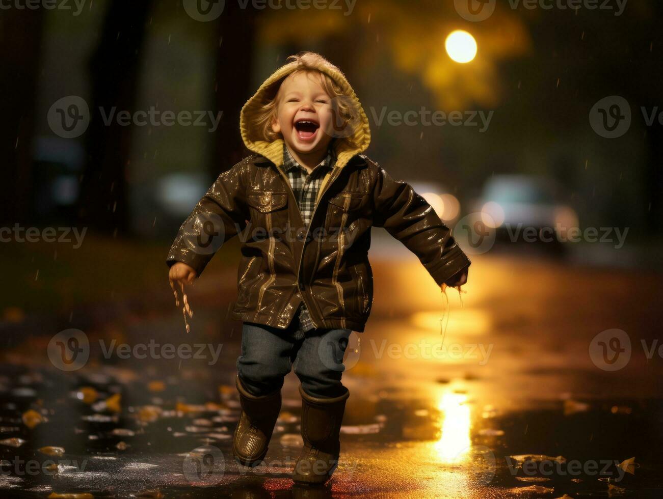 Carefree child joyfully dances in the refreshing rain AI Generative photo