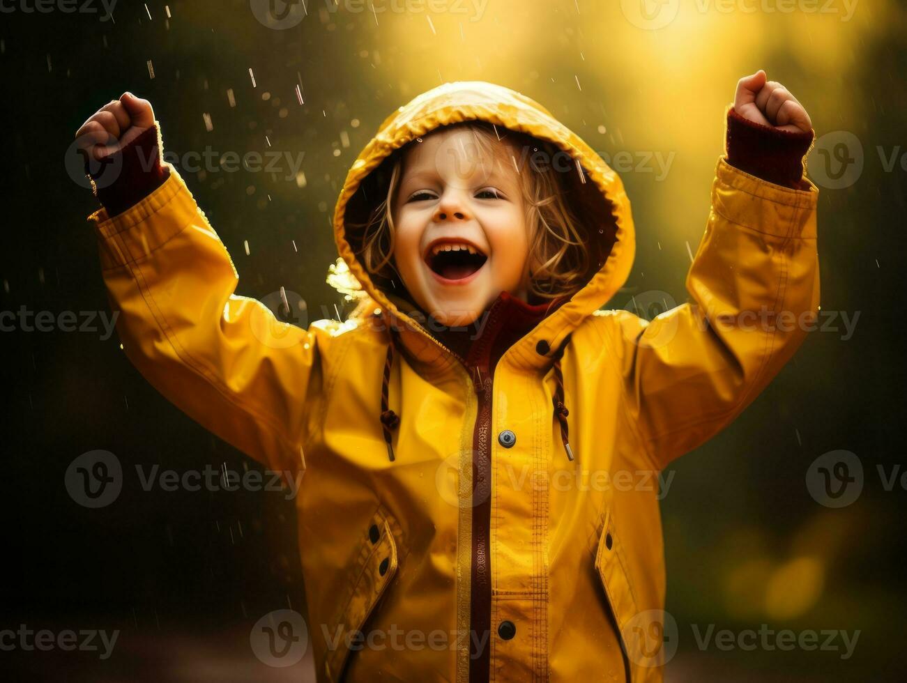 Carefree child joyfully dances in the refreshing rain AI Generative photo