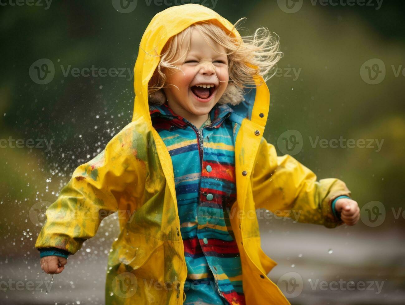 Carefree child joyfully dances in the refreshing rain AI Generative photo