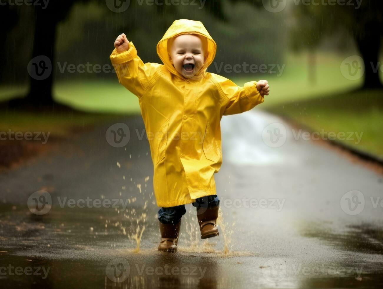 Carefree child joyfully dances in the refreshing rain AI Generative photo