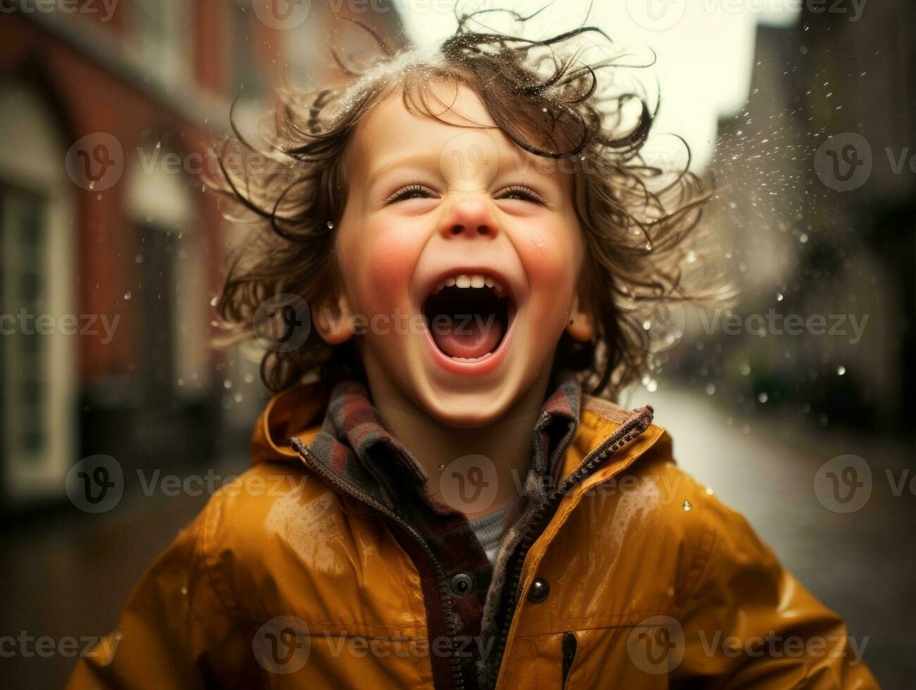 Carefree child joyfully dances in the refreshing rain AI Generative photo