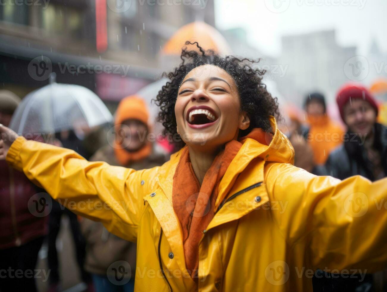 Carefree woman joyfully dances in the refreshing rain AI Generative photo
