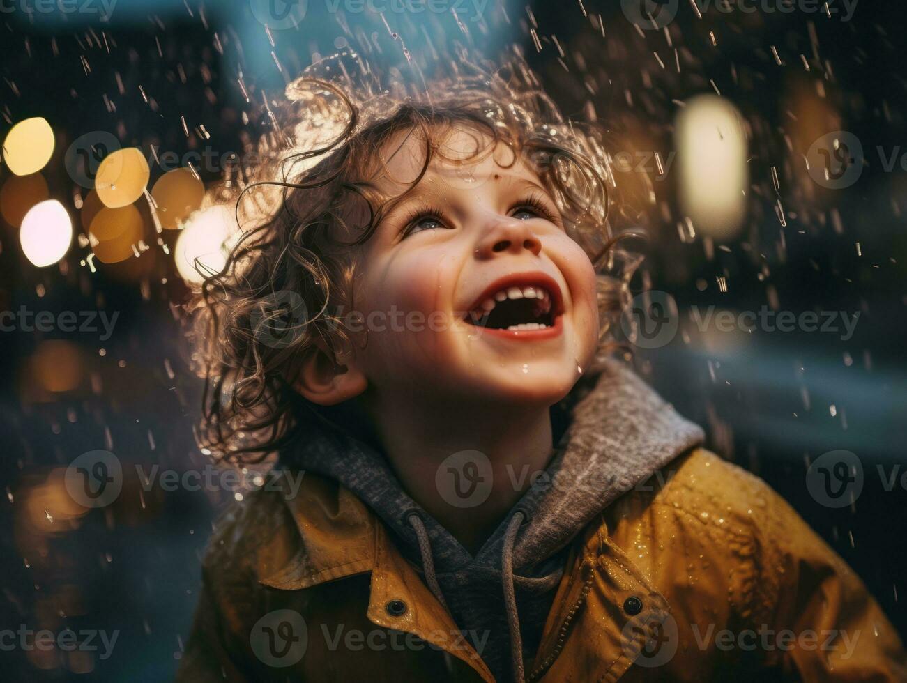 Carefree child joyfully dances in the refreshing rain AI Generative photo