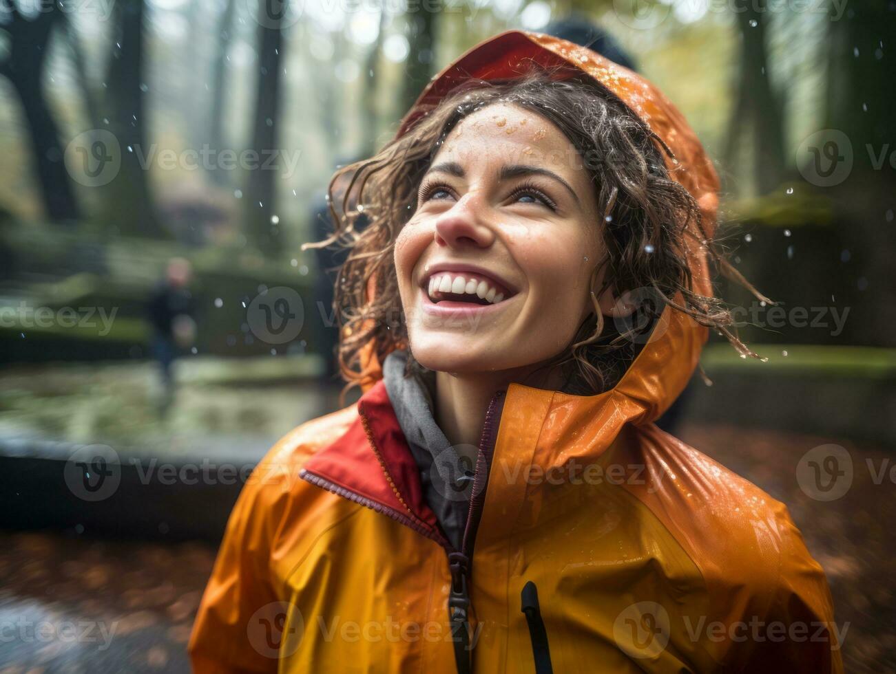 Carefree woman joyfully dances in the refreshing rain AI Generative photo