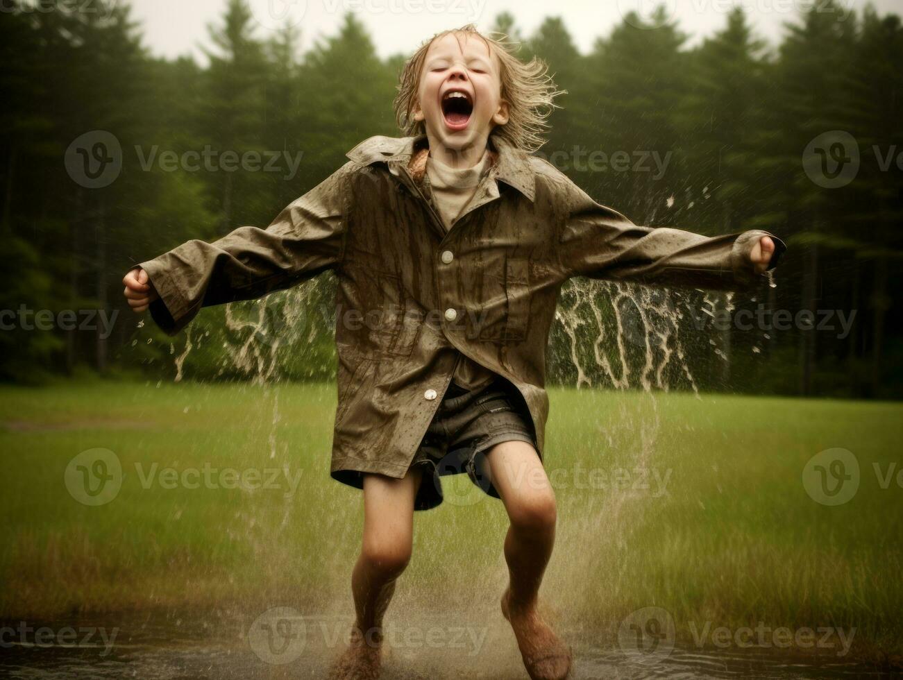 Carefree child joyfully dances in the refreshing rain AI Generative photo