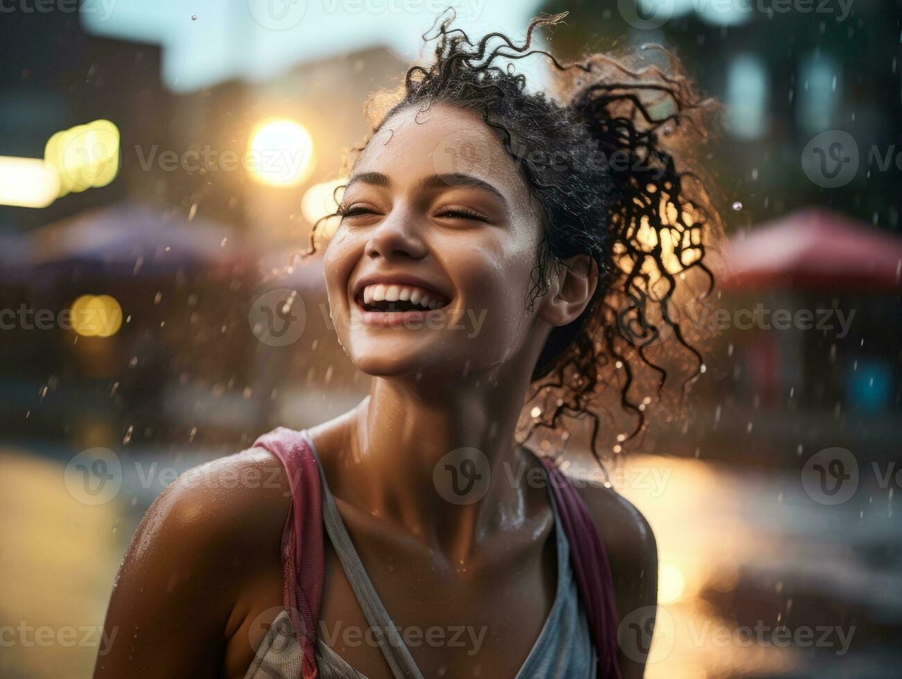 Carefree woman joyfully dances in the refreshing rain AI Generative photo