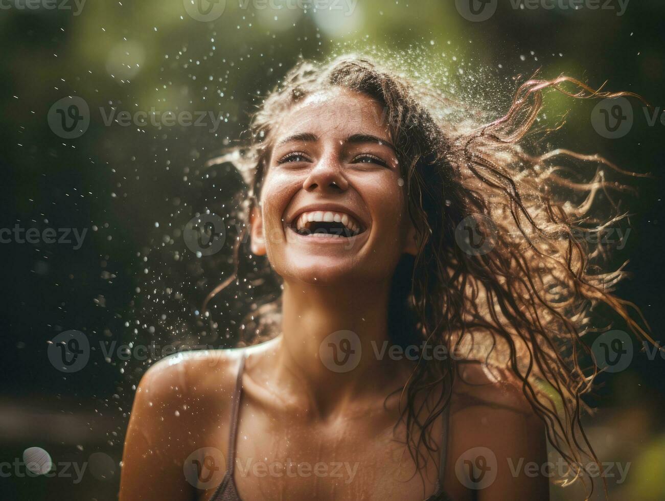 Carefree woman joyfully dances in the refreshing rain AI Generative photo