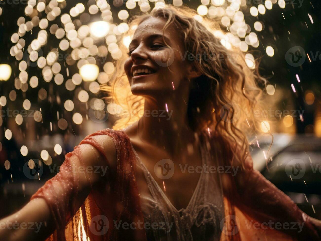 Carefree woman joyfully dances in the refreshing rain AI Generative photo