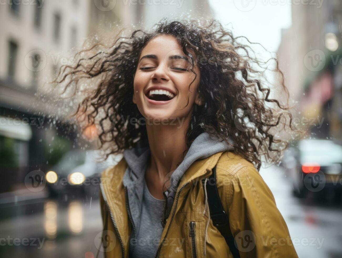 Carefree woman joyfully dances in the refreshing rain AI Generative photo