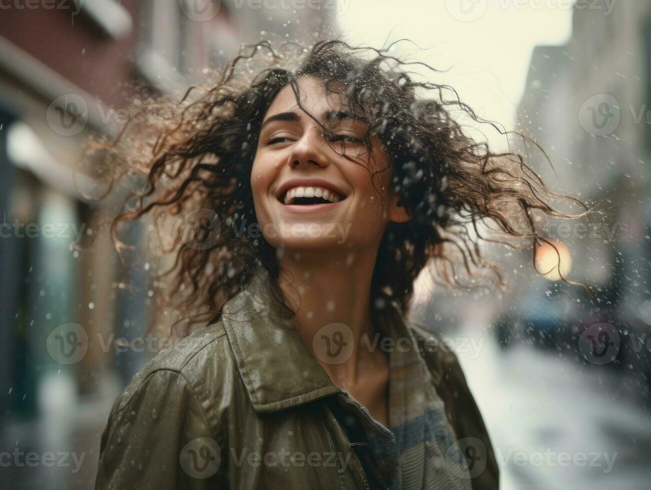 Carefree woman joyfully dances in the refreshing rain AI Generative photo