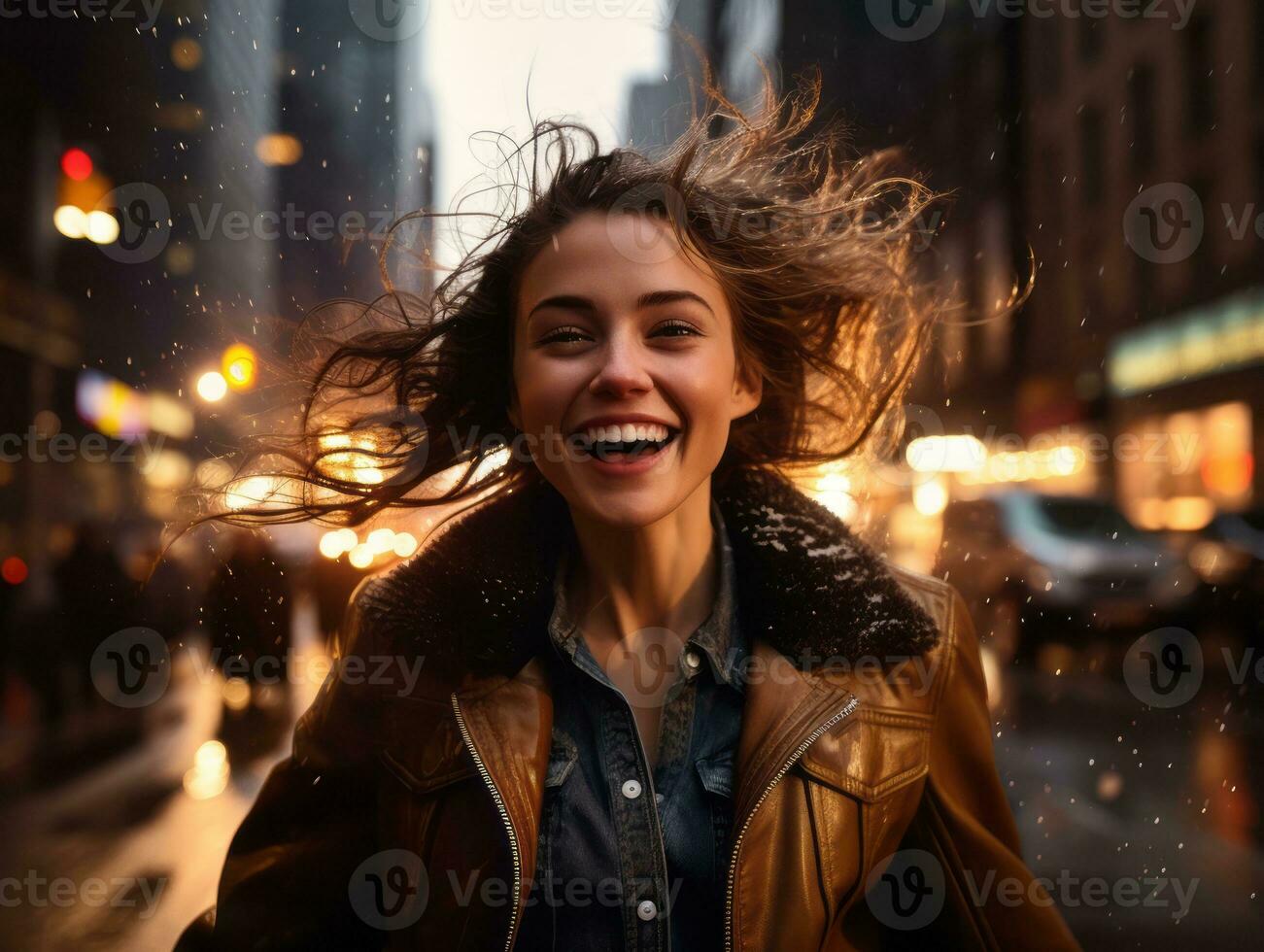 Carefree woman joyfully dances in the refreshing rain AI Generative photo