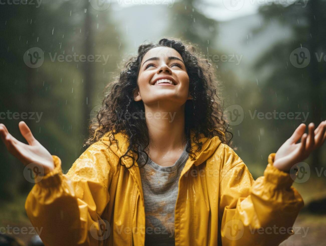Carefree woman joyfully dances in the refreshing rain AI Generative photo