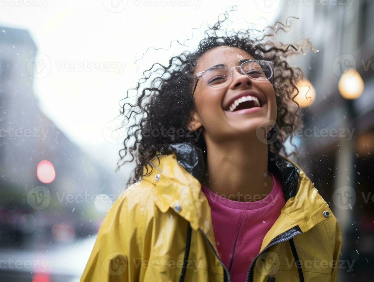 Carefree woman joyfully dances in the refreshing rain AI Generative photo