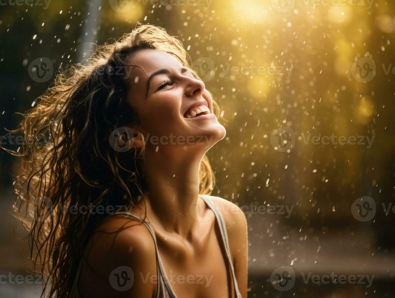 Carefree woman joyfully dances in the refreshing rain AI Generative photo