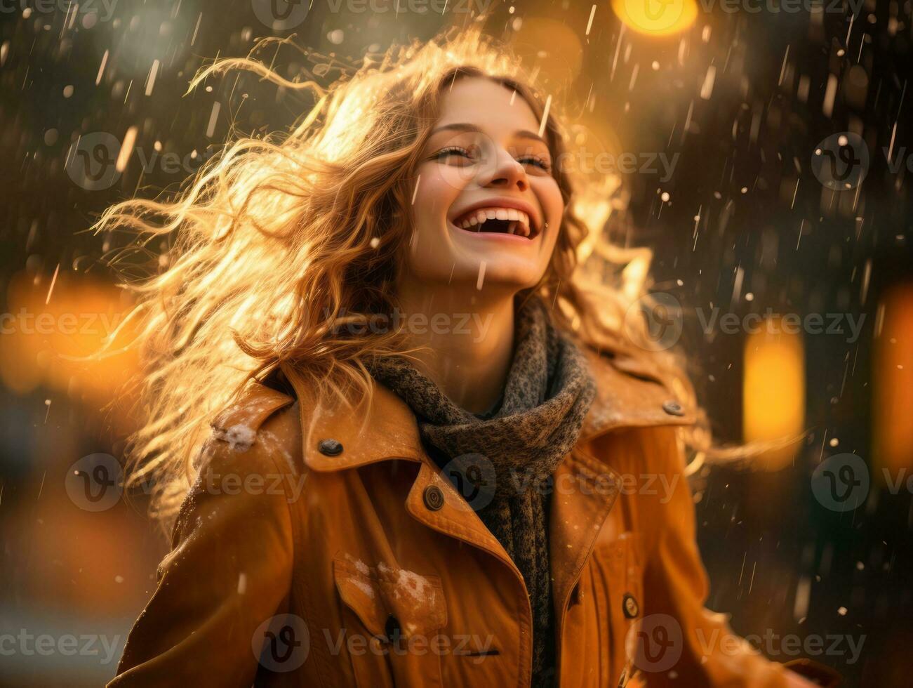 Carefree woman joyfully dances in the refreshing rain AI Generative photo