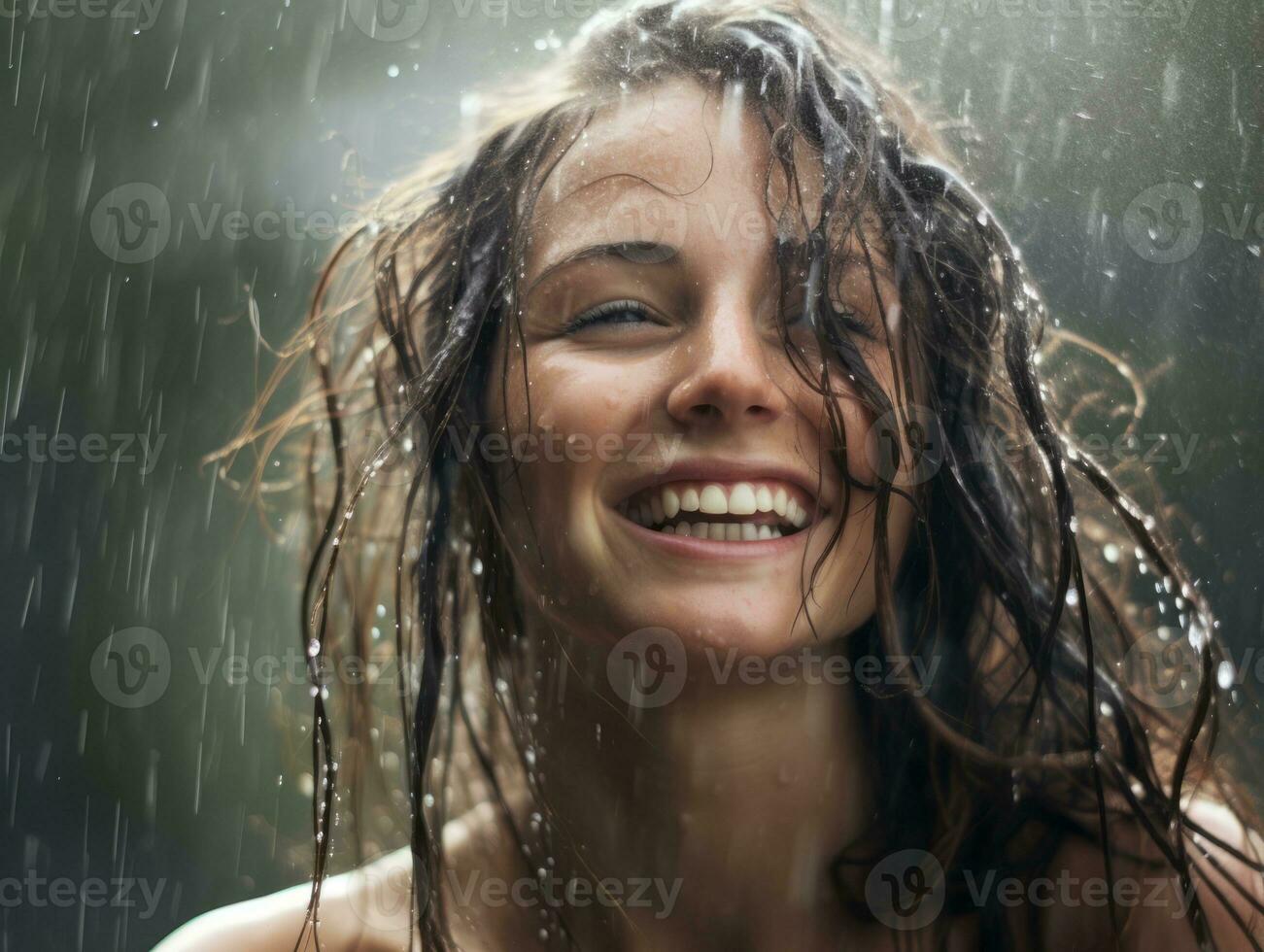 Carefree woman joyfully dances in the refreshing rain AI Generative photo