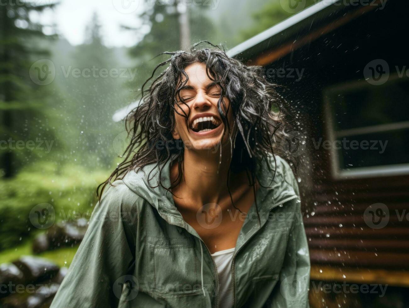 Carefree woman joyfully dances in the refreshing rain AI Generative photo
