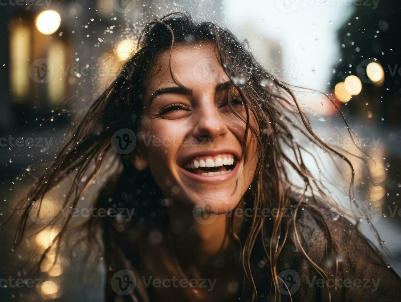 Carefree woman joyfully dances in the refreshing rain AI Generative photo