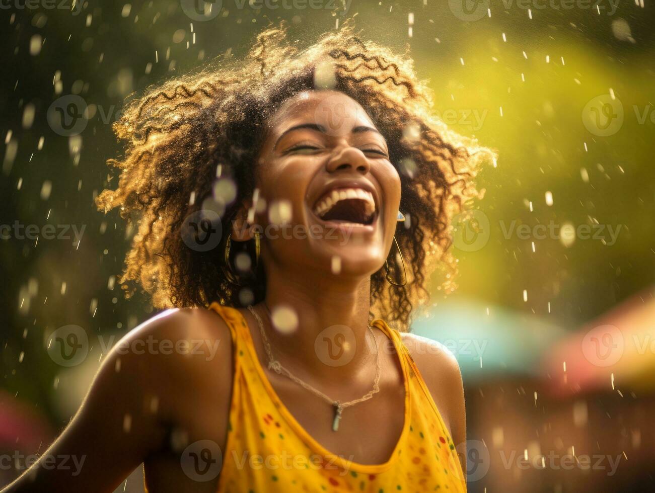 Carefree woman joyfully dances in the refreshing rain AI Generative photo