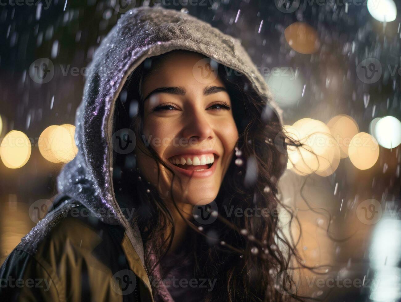 Carefree woman joyfully dances in the refreshing rain AI Generative photo