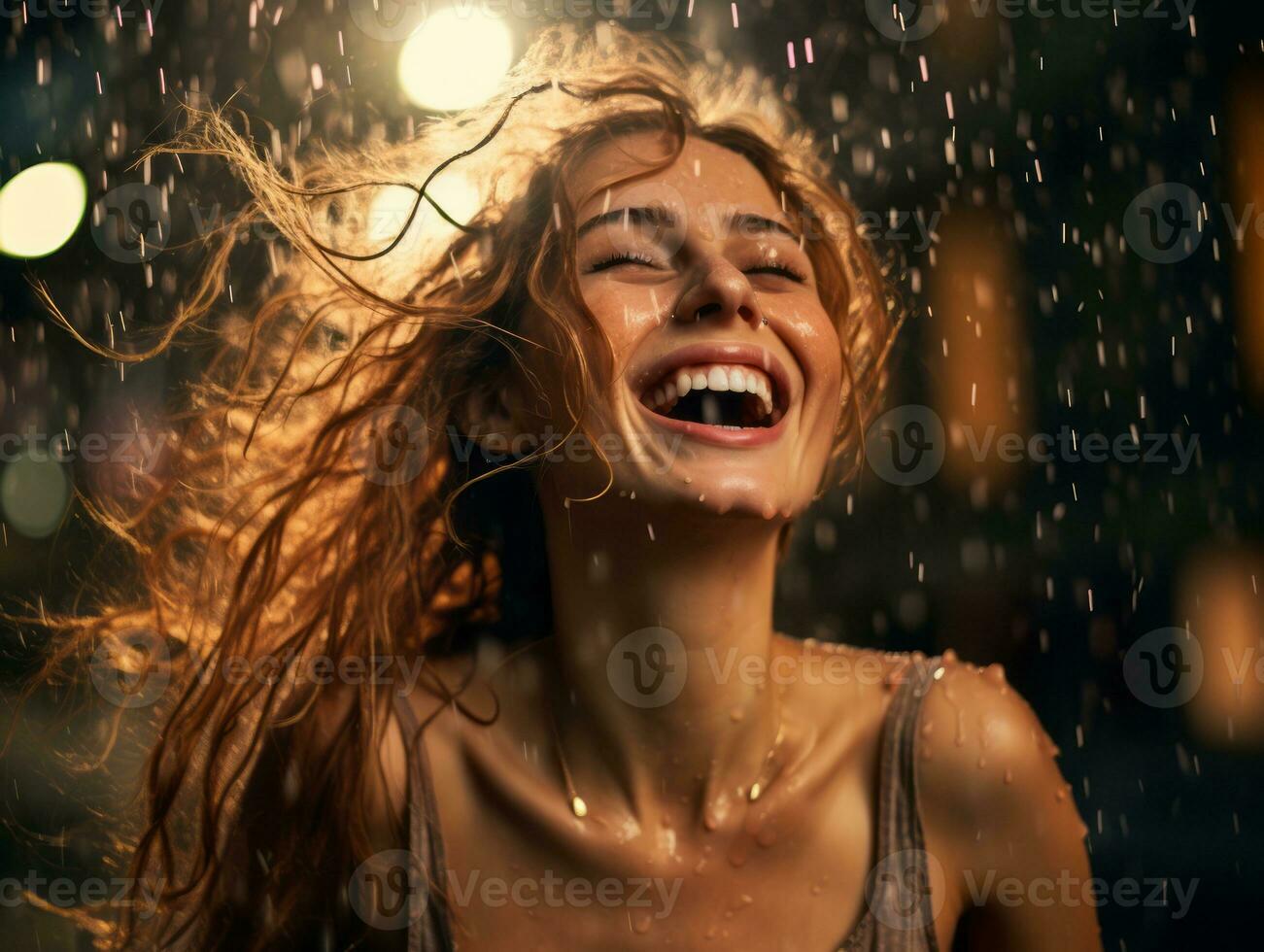 Carefree woman joyfully dances in the refreshing rain AI Generative photo