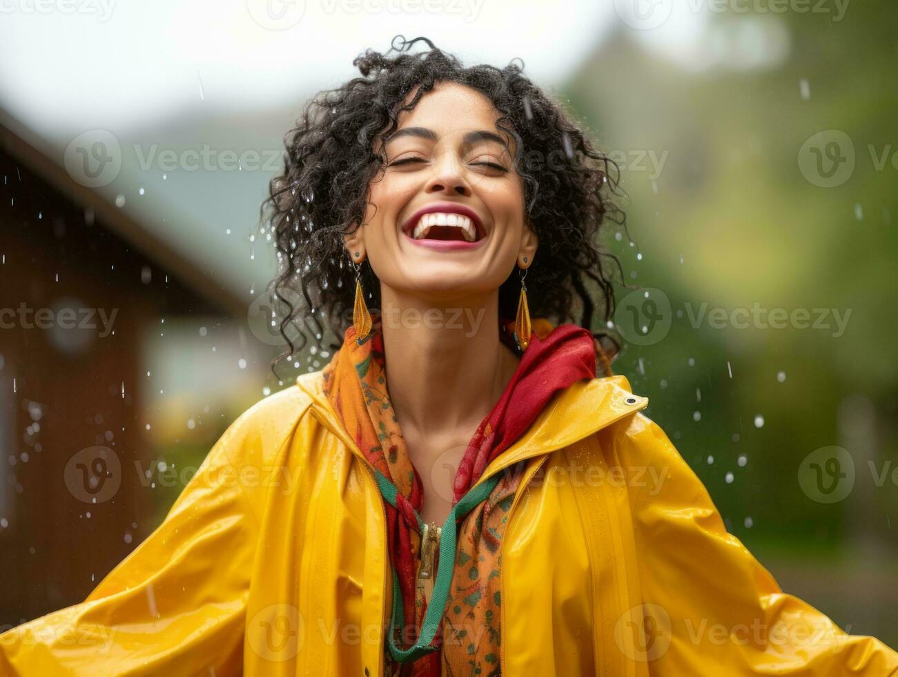 Carefree woman joyfully dances in the refreshing rain AI Generative photo