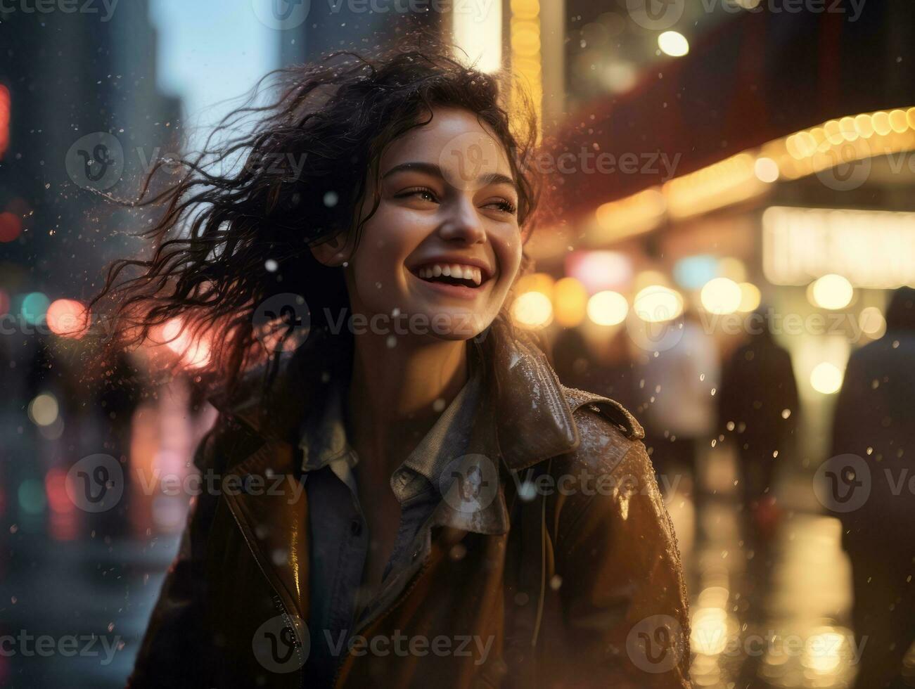 Carefree woman joyfully dances in the refreshing rain AI Generative photo