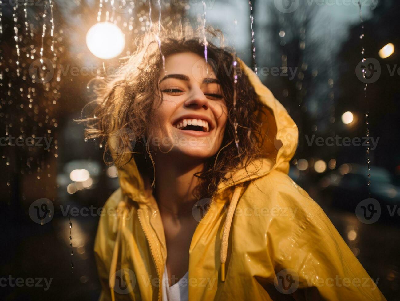 Carefree woman joyfully dances in the refreshing rain AI Generative photo