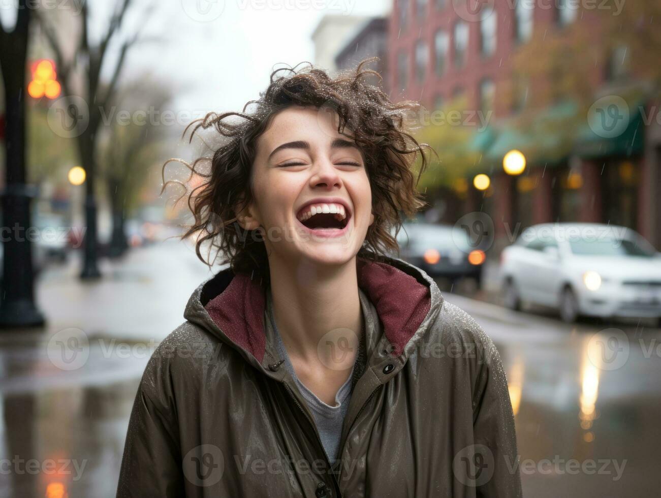 despreocupado mujer alegremente bailes en el refrescante lluvia ai generativo foto