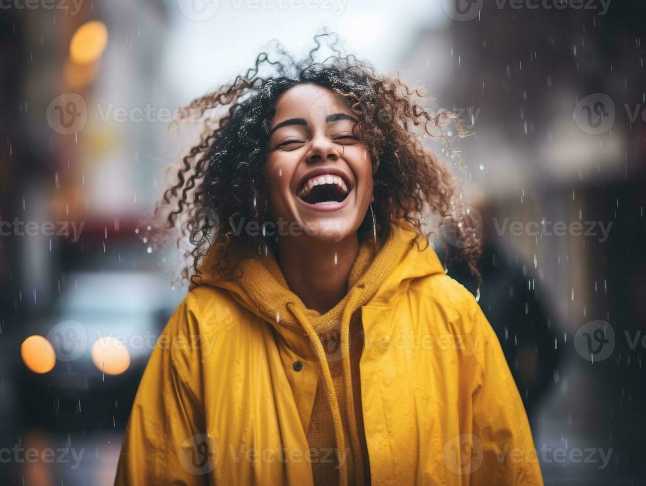 Carefree woman joyfully dances in the refreshing rain AI Generative photo