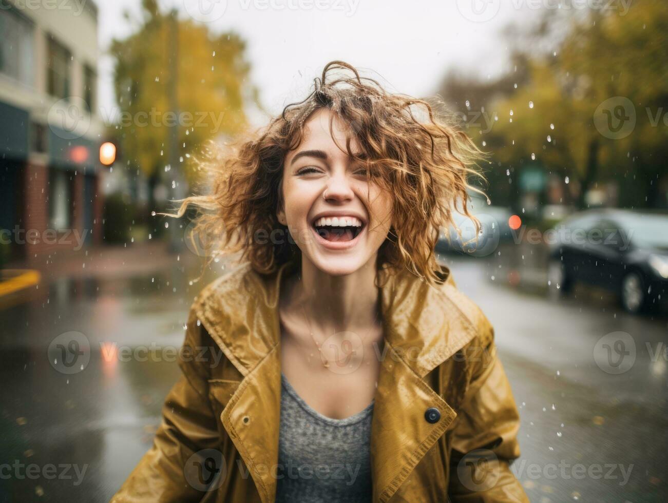 Carefree woman joyfully dances in the refreshing rain AI Generative photo