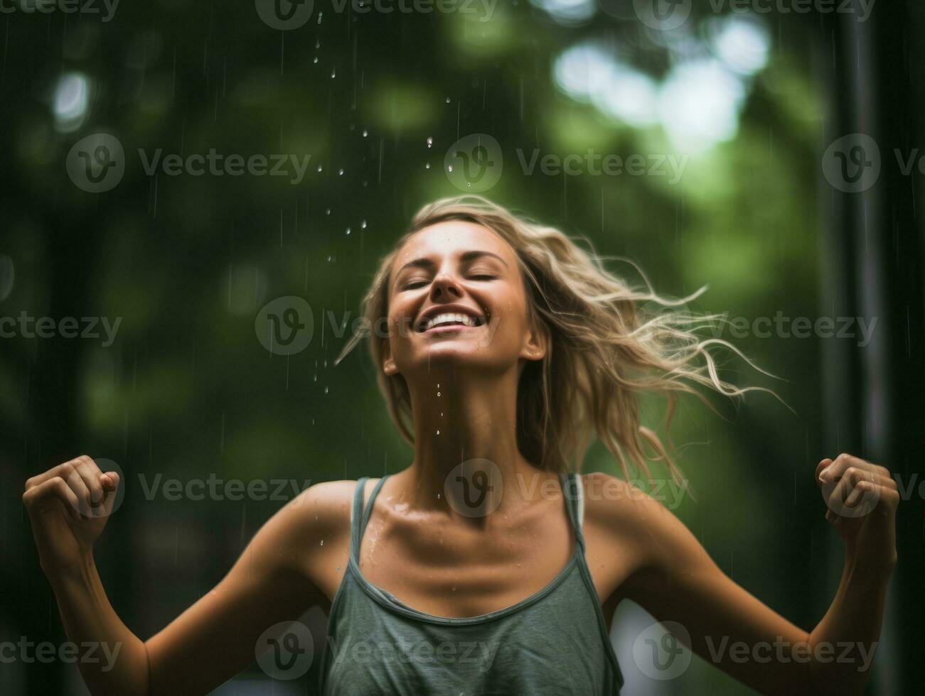Carefree woman joyfully dances in the refreshing rain AI Generative photo