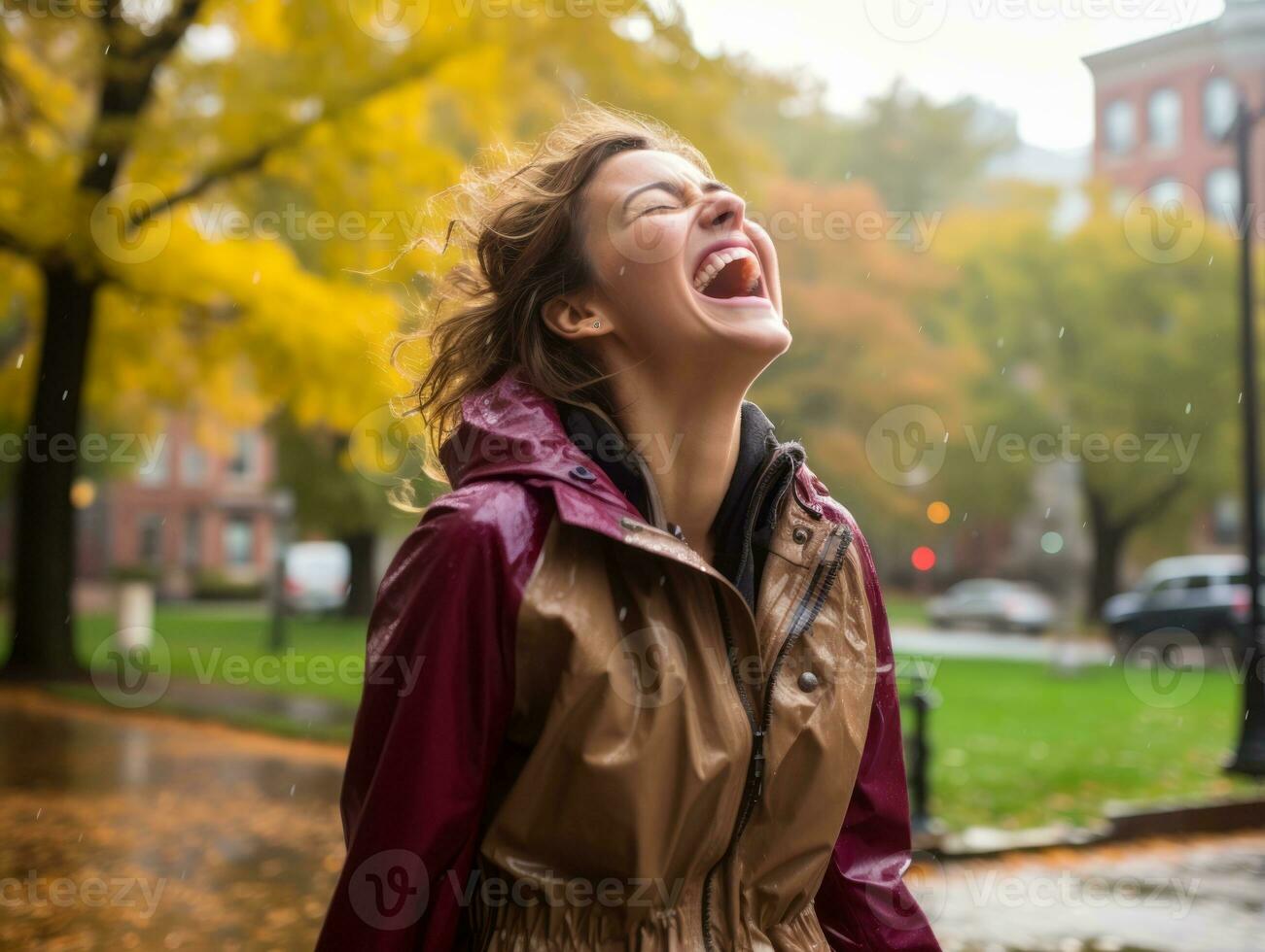 Carefree woman joyfully dances in the refreshing rain AI Generative photo
