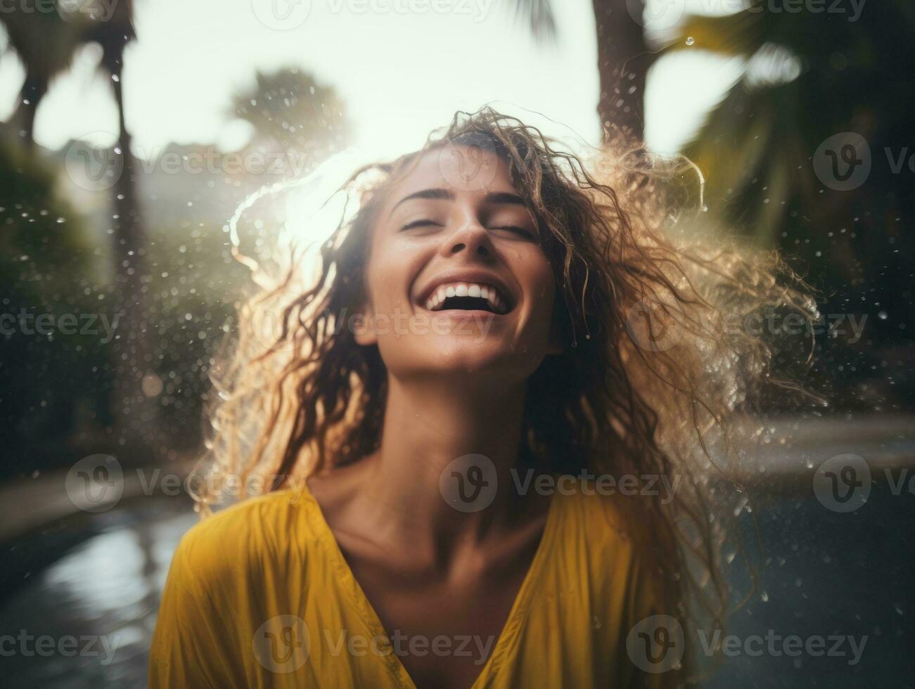 Carefree woman joyfully dances in the refreshing rain AI Generative photo