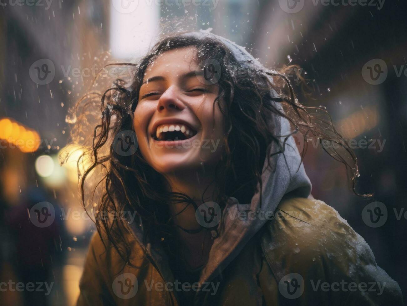 Carefree woman joyfully dances in the refreshing rain AI Generative photo