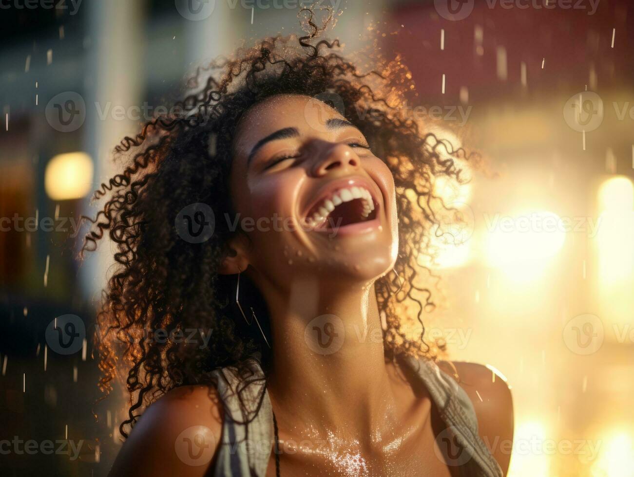 Carefree woman joyfully dances in the refreshing rain AI Generative photo