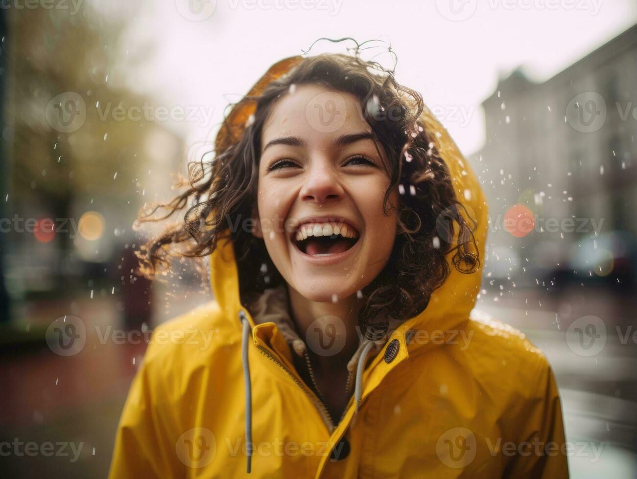Carefree woman joyfully dances in the refreshing rain AI Generative photo