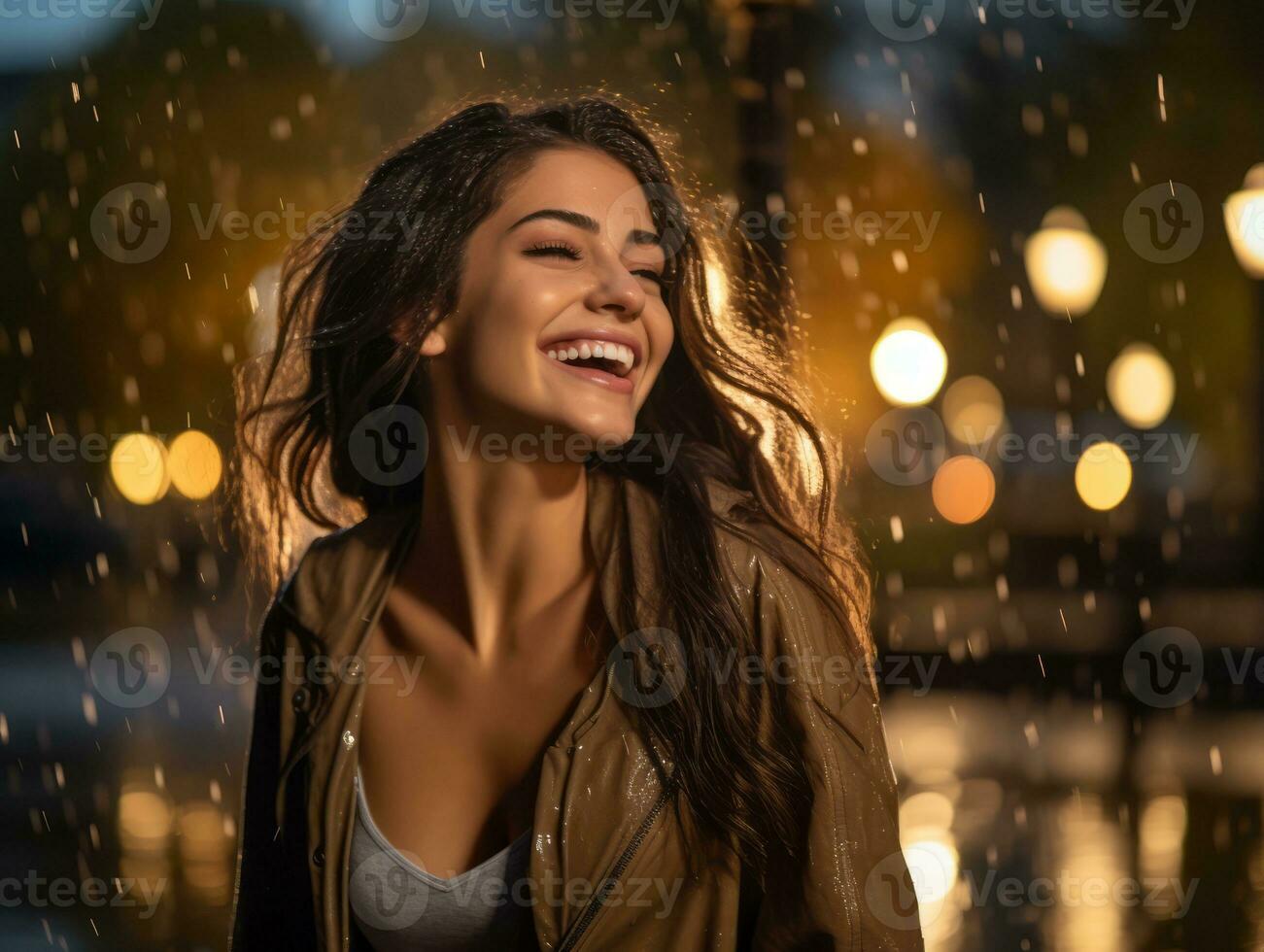 Carefree woman joyfully dances in the refreshing rain AI Generative photo