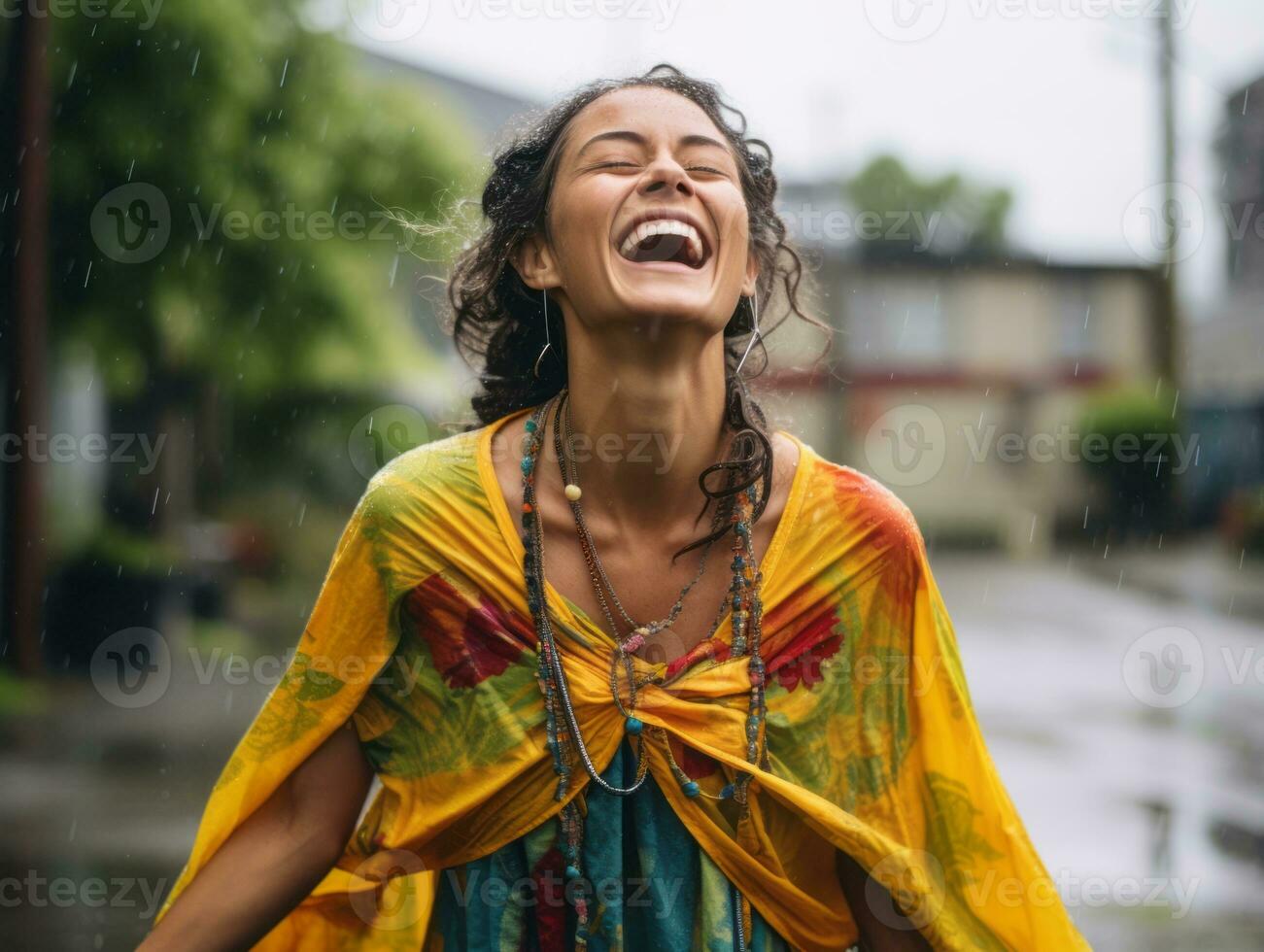 Carefree woman joyfully dances in the refreshing rain AI Generative photo