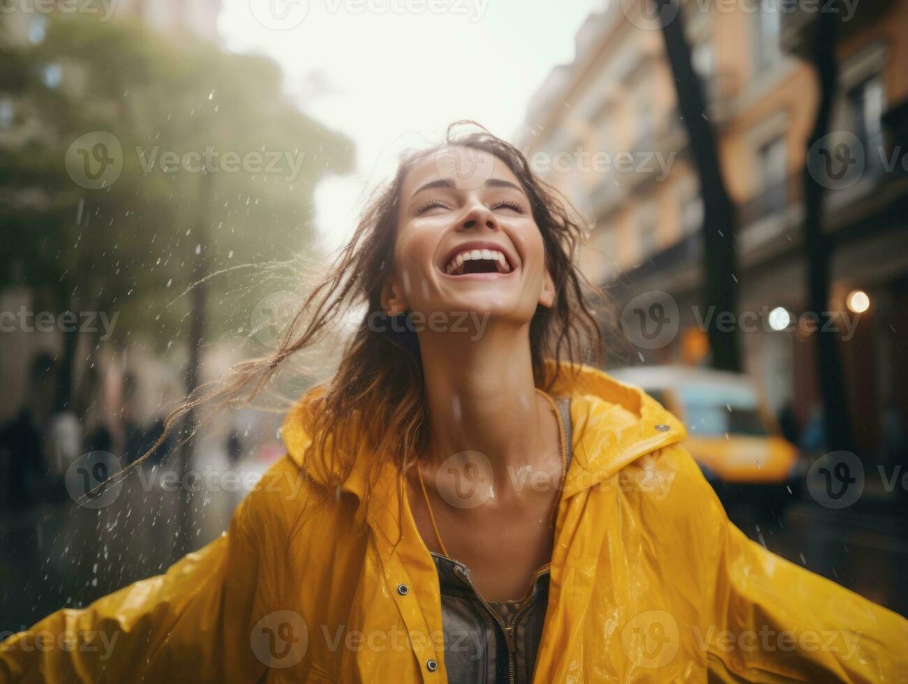 Carefree woman joyfully dances in the refreshing rain AI Generative photo
