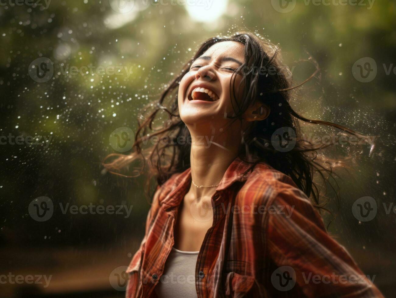Carefree woman joyfully dances in the refreshing rain AI Generative photo