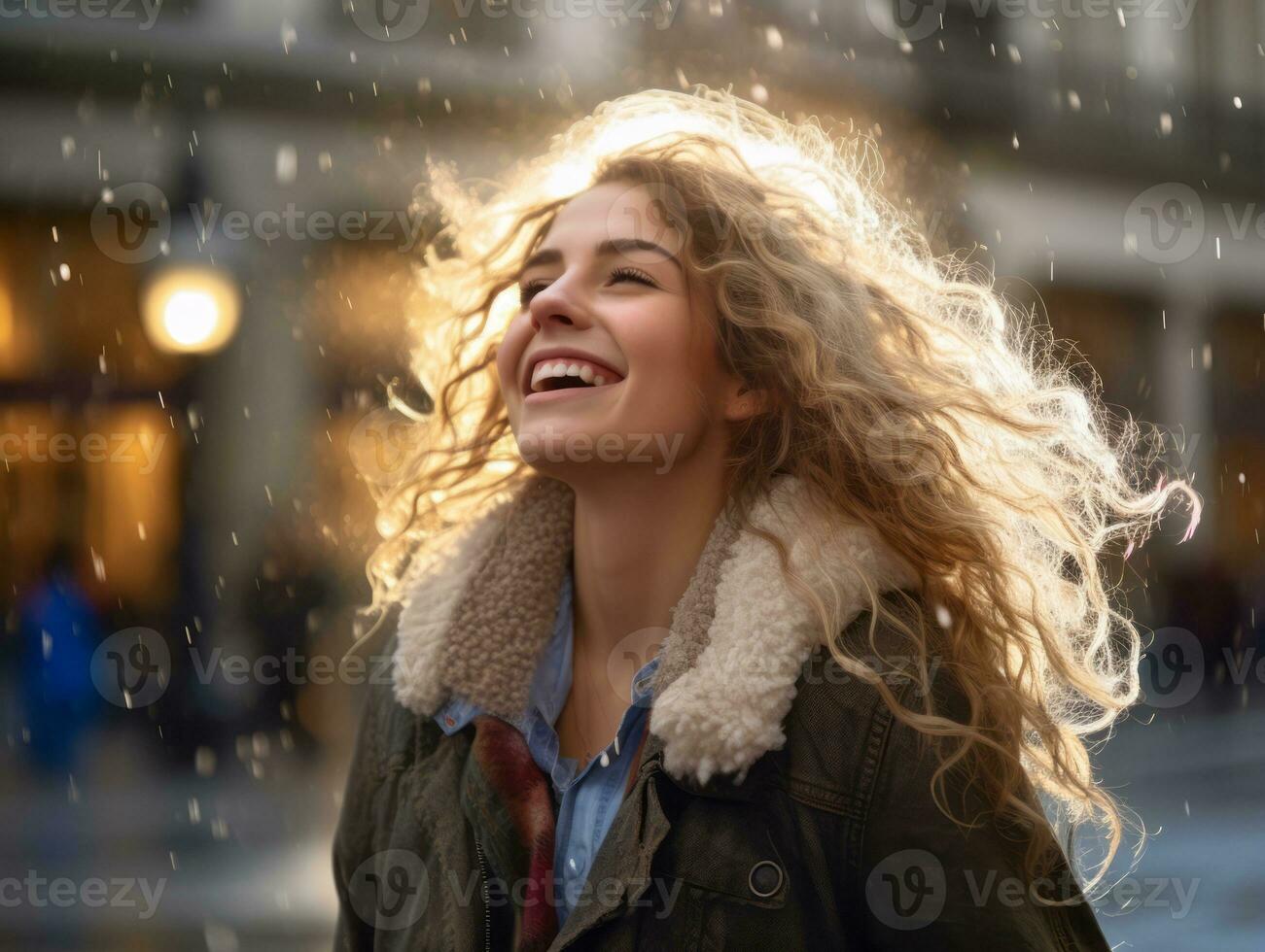 Carefree woman joyfully dances in the refreshing rain AI Generative photo