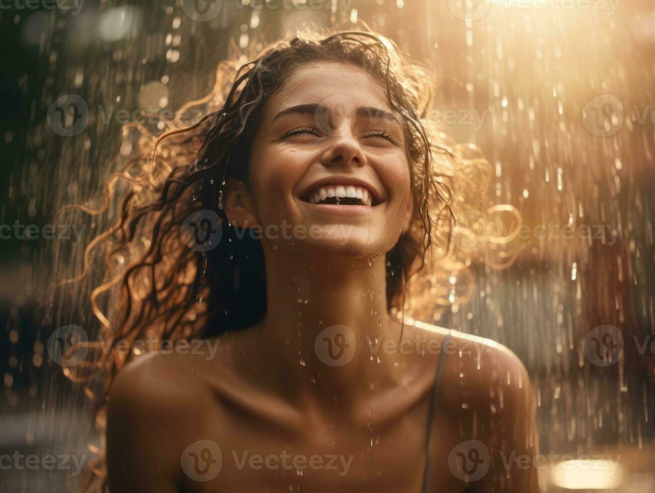 Carefree woman joyfully dances in the refreshing rain AI Generative photo
