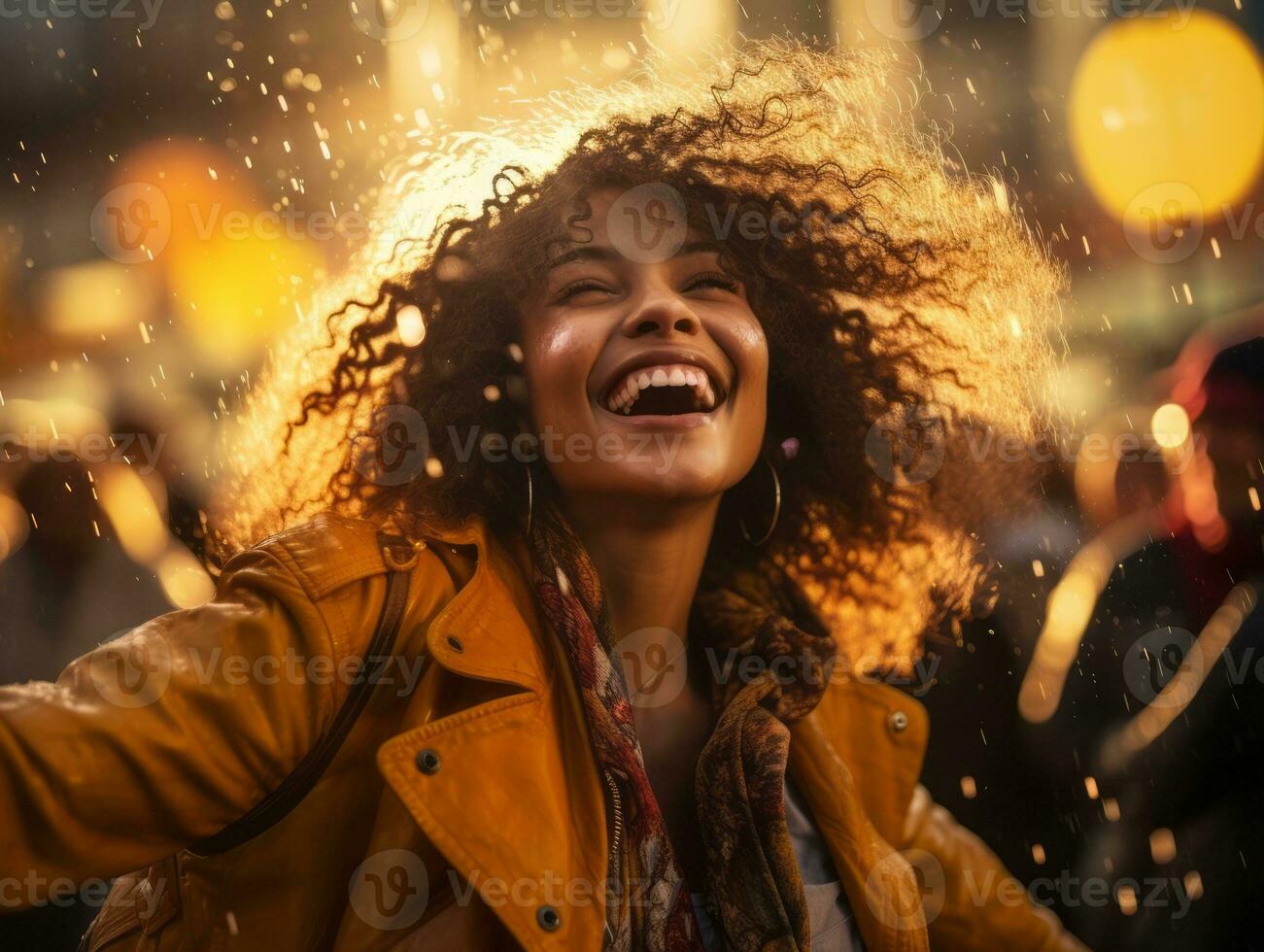 Carefree woman joyfully dances in the refreshing rain AI Generative photo