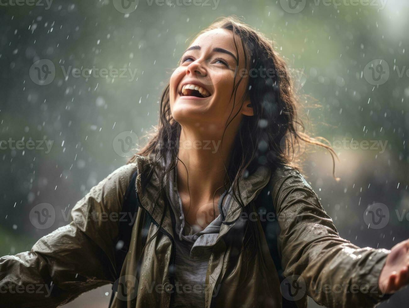Carefree woman joyfully dances in the refreshing rain AI Generative photo