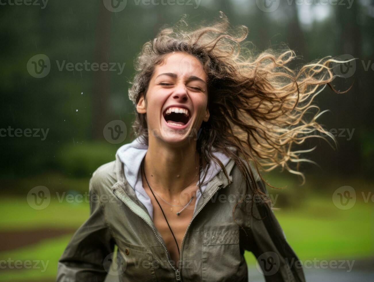 Carefree woman joyfully dances in the refreshing rain AI Generative photo